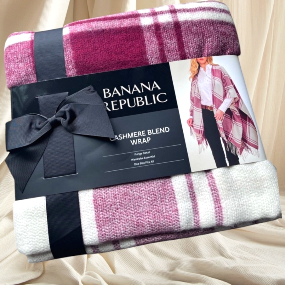 Banana Republic Cashmere Blend Wrap Fringe Detail Mariana Plaid Burgundy/White - Picture 1 of 5